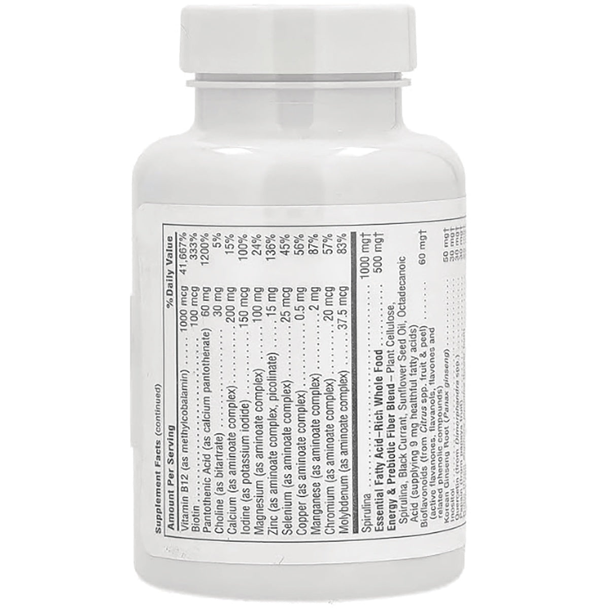NTP031 | Back label of supplement bottle with nutrition facts and ingredient information