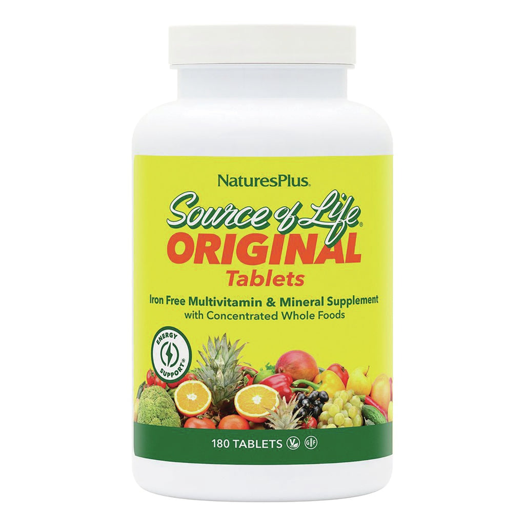 NTP035 | Nature's Plus Source of Life multivitamin and mineral supplement bottle with yellow label reading No Iron, 180 Tablets - Thumbnail