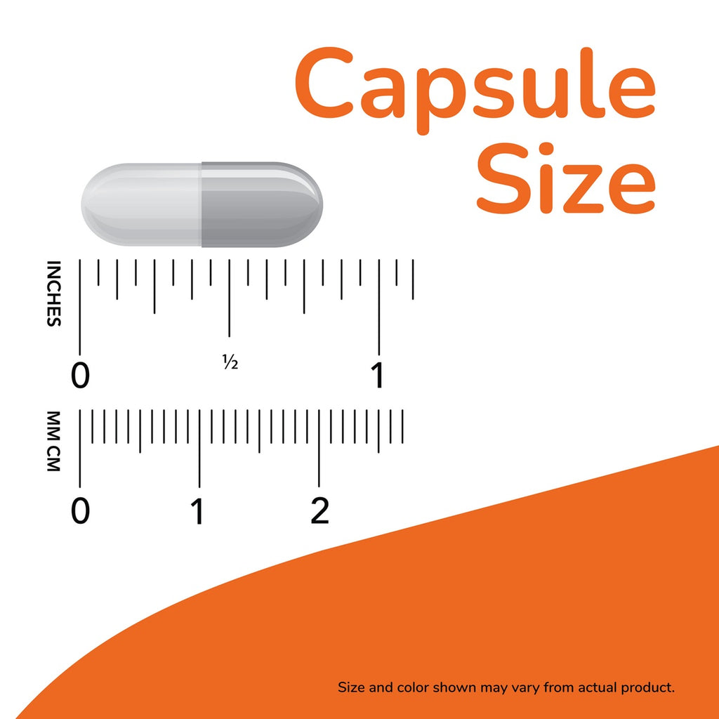 NWF098 | Capsule size illustration labeled Capsule Size with gray capsule and inch and mm rulers - Thumbnail