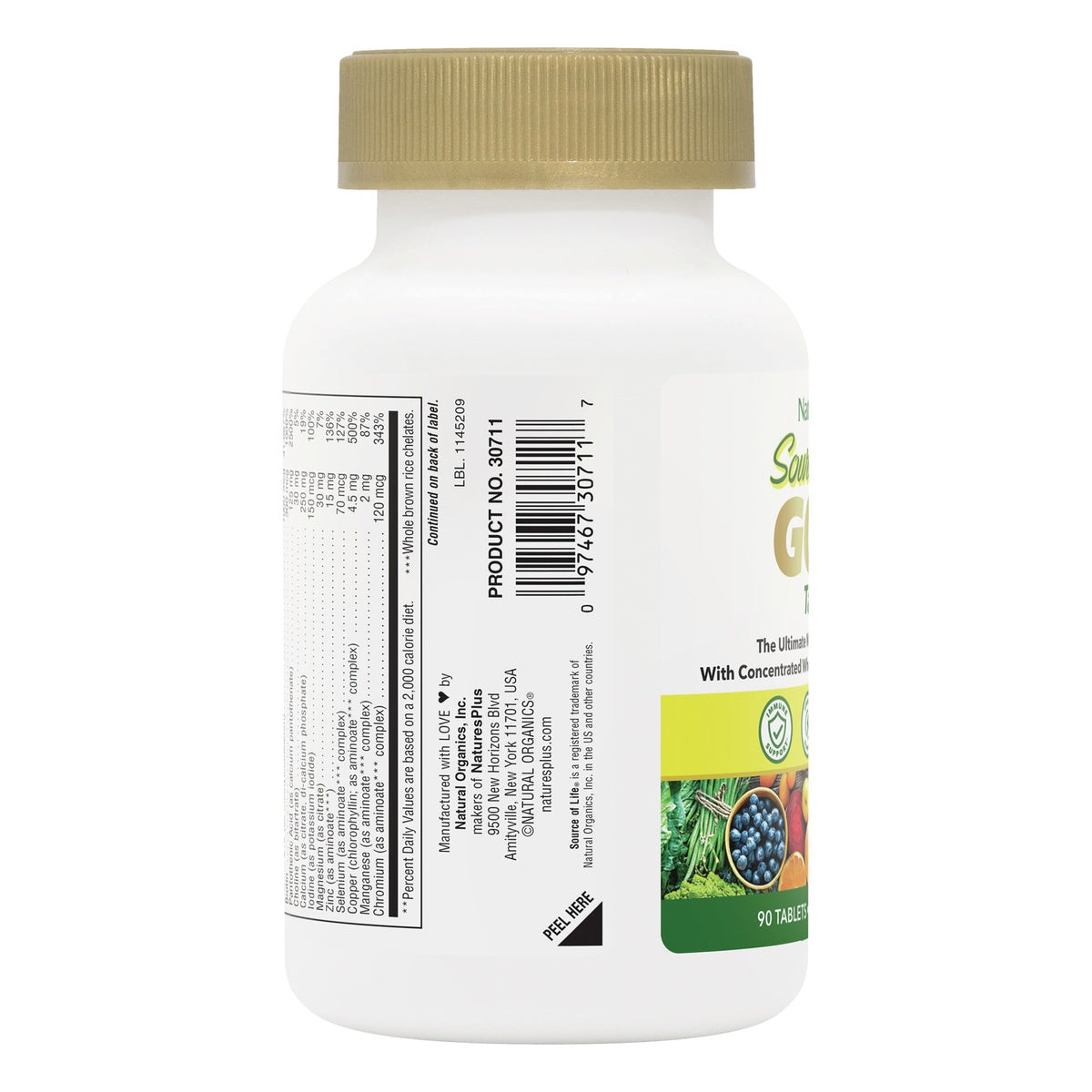 NTP202 | Back of white supplement bottle with gold cap showing supplement facts panel and barcode
