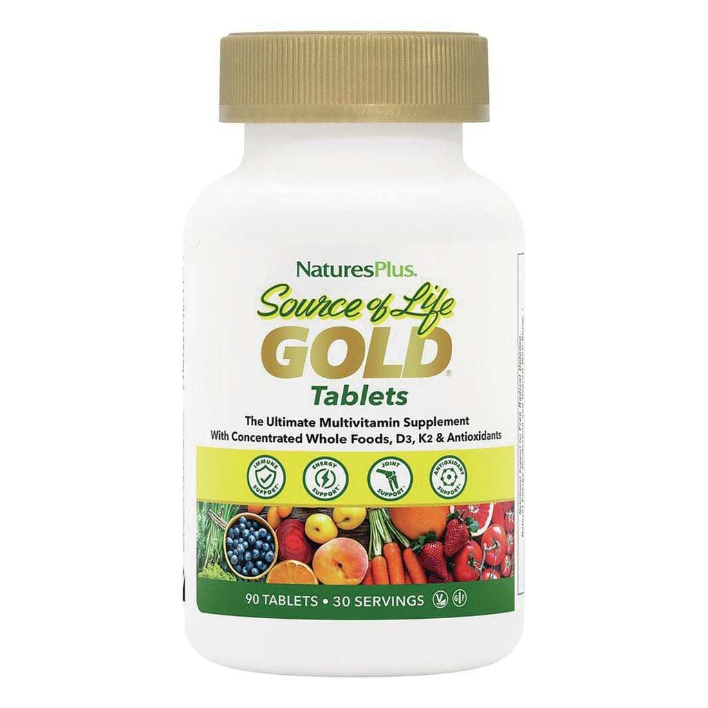 NTP202 | NaturesPlus Source of Life GOLD Tablets white bottle with gold cap multivitamin label 90 tablets - Thumbnail