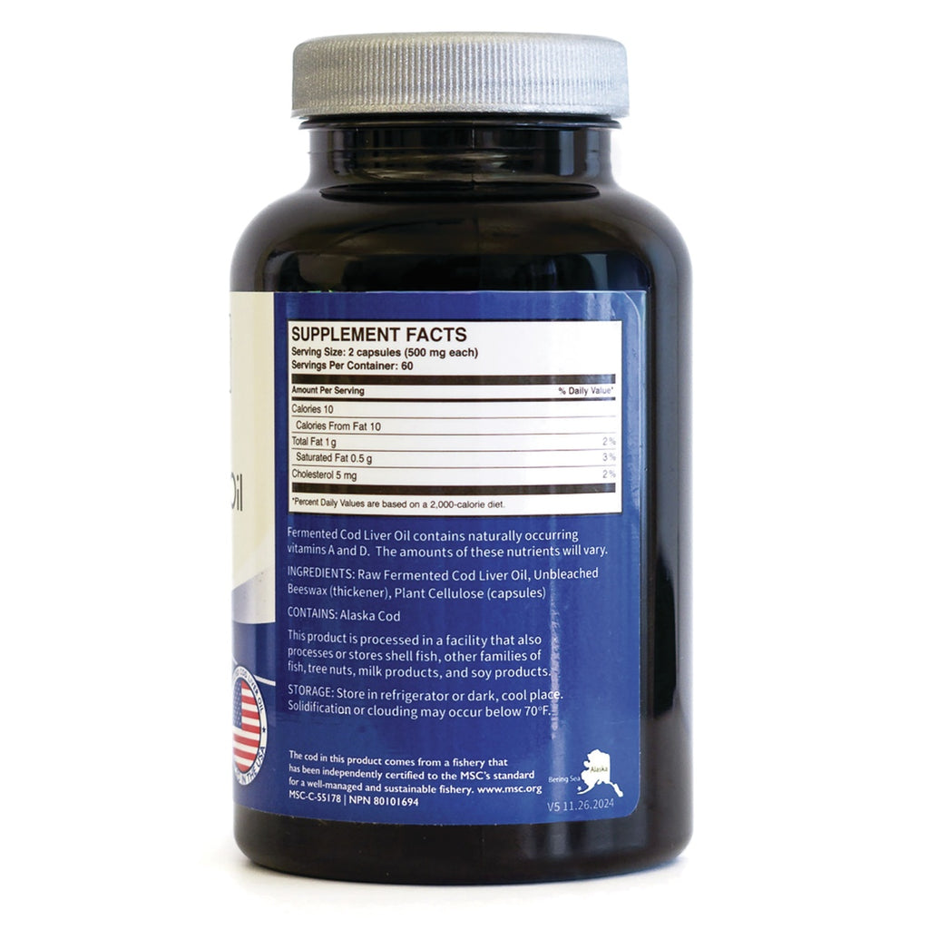 GRP016 | Back label of a fermented cod liver oil supplement bottle with Supplement Facts and ingredients - Thumbnail