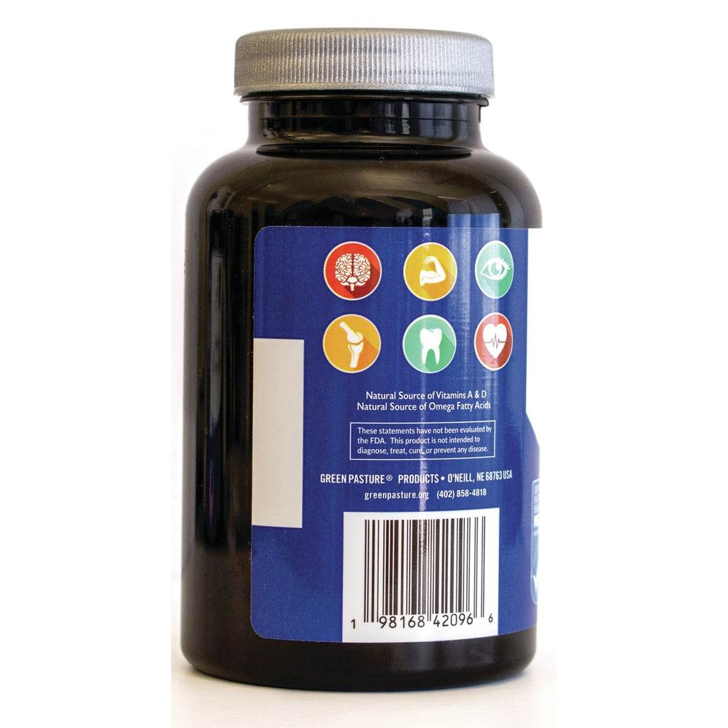 GRP016 | Green Pasture Products supplement bottle back label with icons, product claims, and barcode - Thumbnail