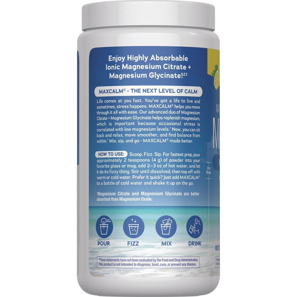 NVT073 | back label with usage directions, preparation steps and icons, visible text Enjoy Highly Absorbable Ionic Magnesium Citrate!