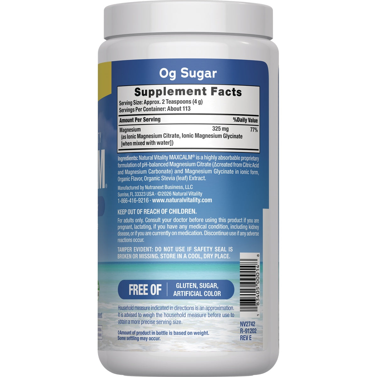 NVT073 | back label showing Supplement Facts, ingredients, warnings and free of gluten, sugar, artificial color
