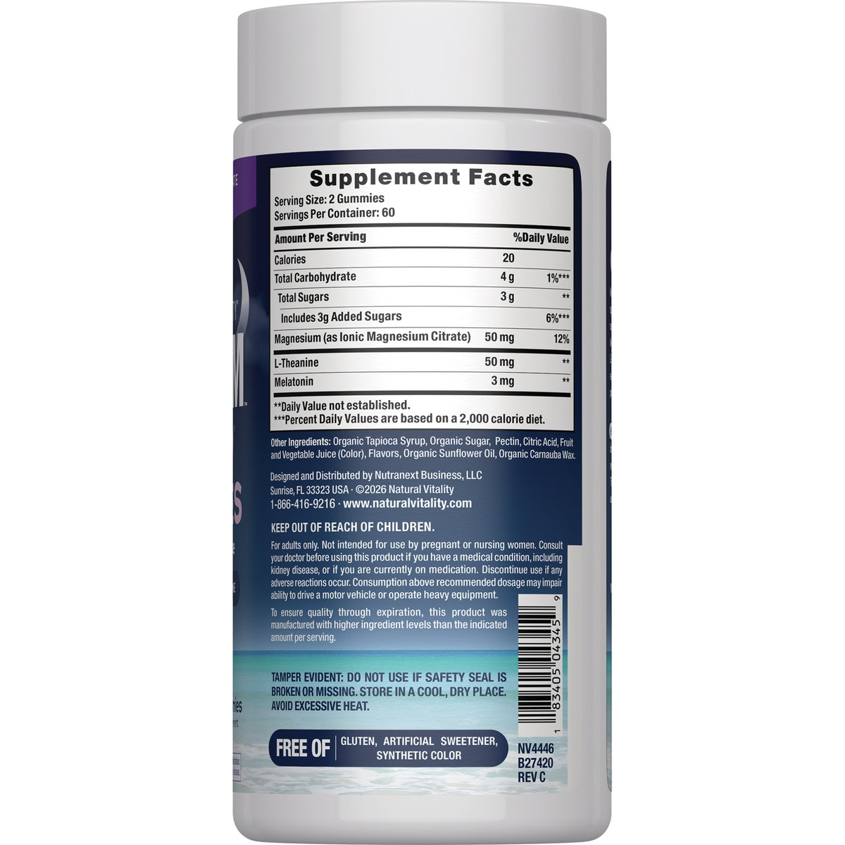 NVT055 | Supplement Facts panel, ingredients and storage instructions on back of blue supplement bottle