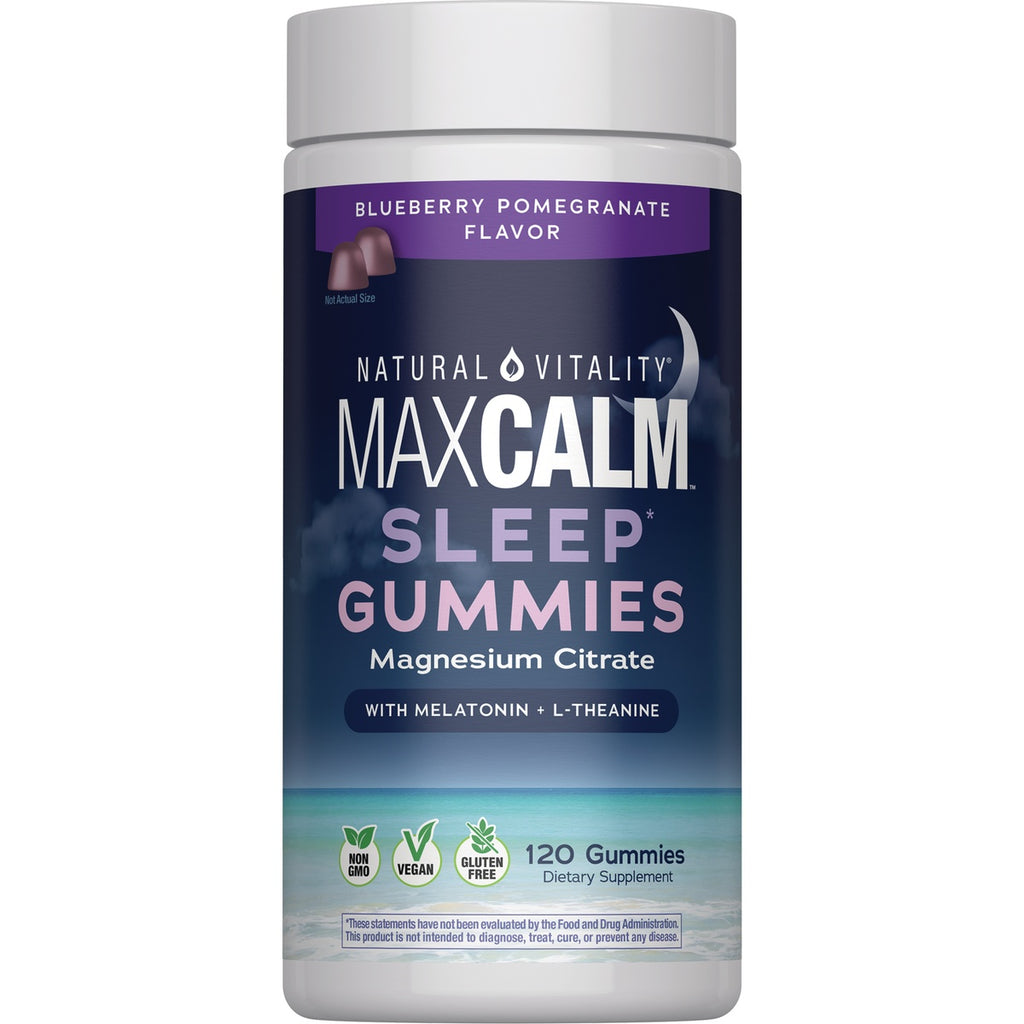 NVT055 | Natural Vitality Sleep Gummies bottle, blueberry pomegranate flavor front label, 120 gummies - Thumbnail