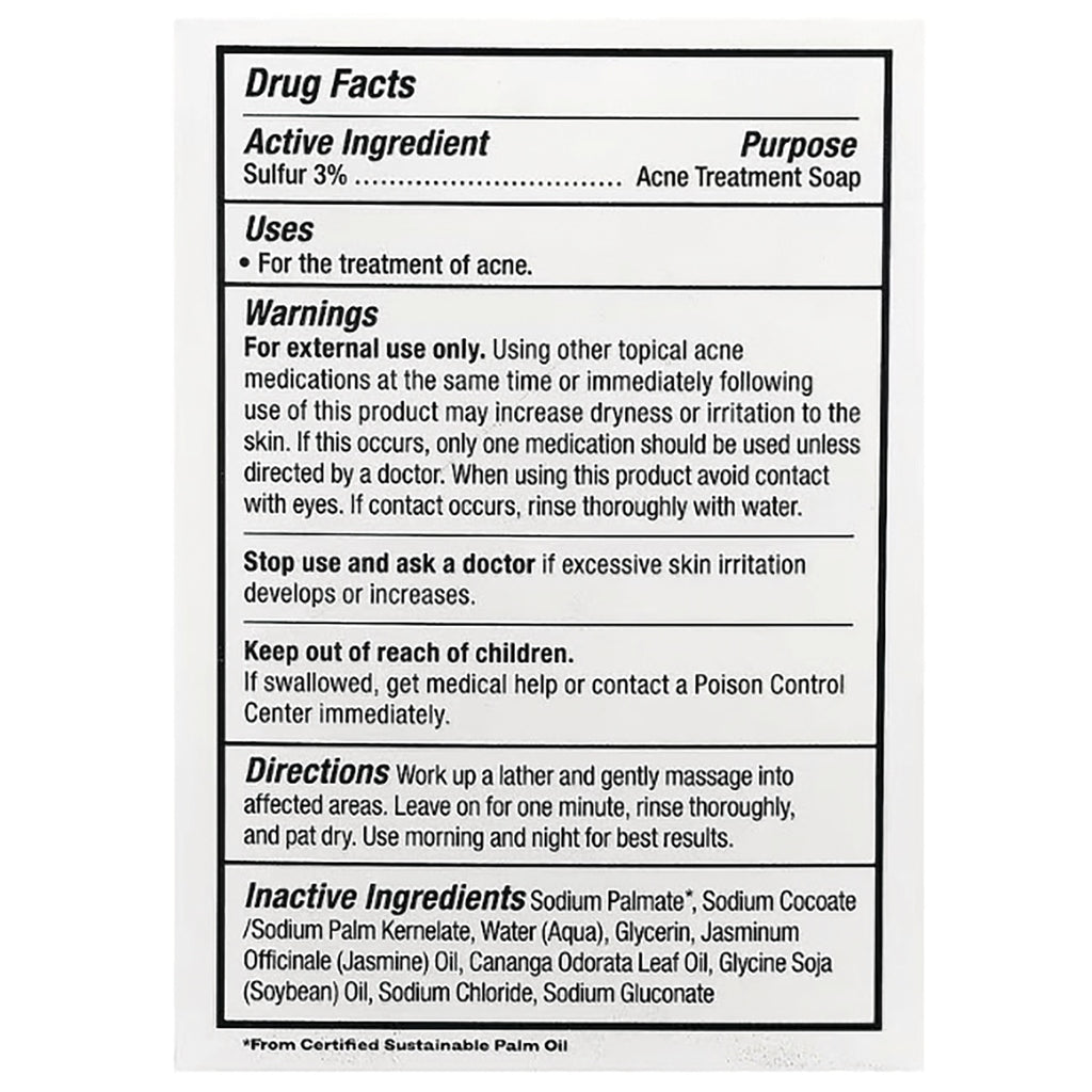 GP016 | Drug Facts label for sulfur 3% acne treatment soap with uses, warnings, directions, and inactive ingredients - Thumbnail