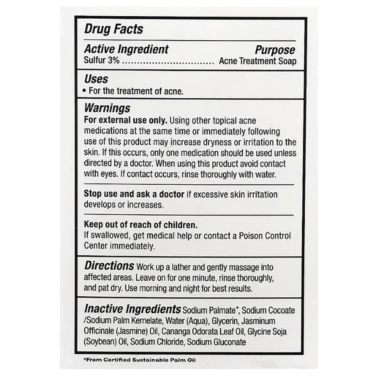 GP016 | Drug Facts label for sulfur 3% acne treatment soap with uses, warnings, directions, and inactive ingredients