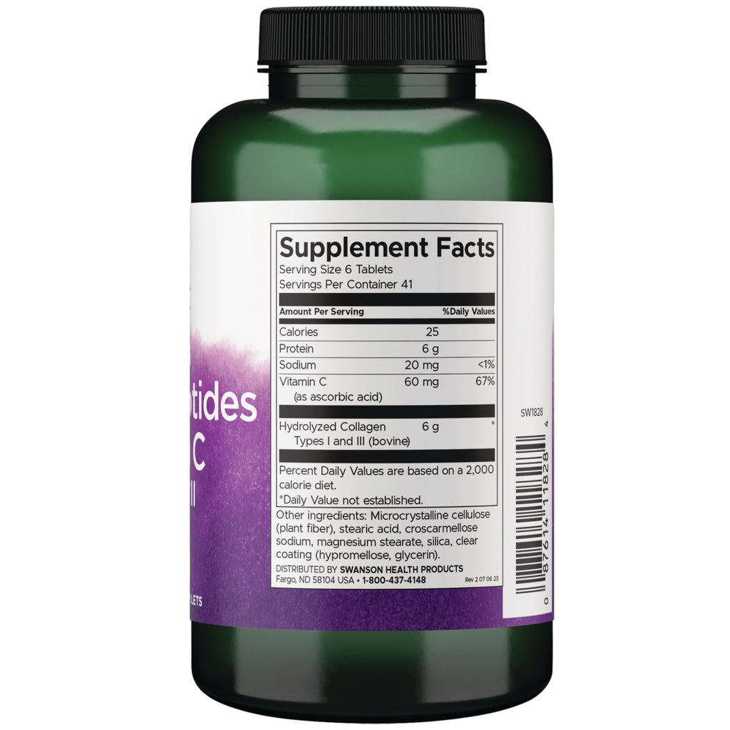 SW1828 | Back label with Supplement Facts and ingredients for hydrolyzed collagen tablets; serving size 6 tablets - Thumbnail