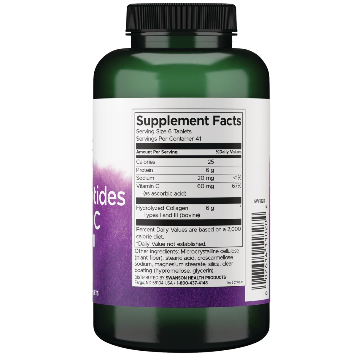 SW1828 | Back label with Supplement Facts and ingredients for hydrolyzed collagen tablets; serving size 6 tablets