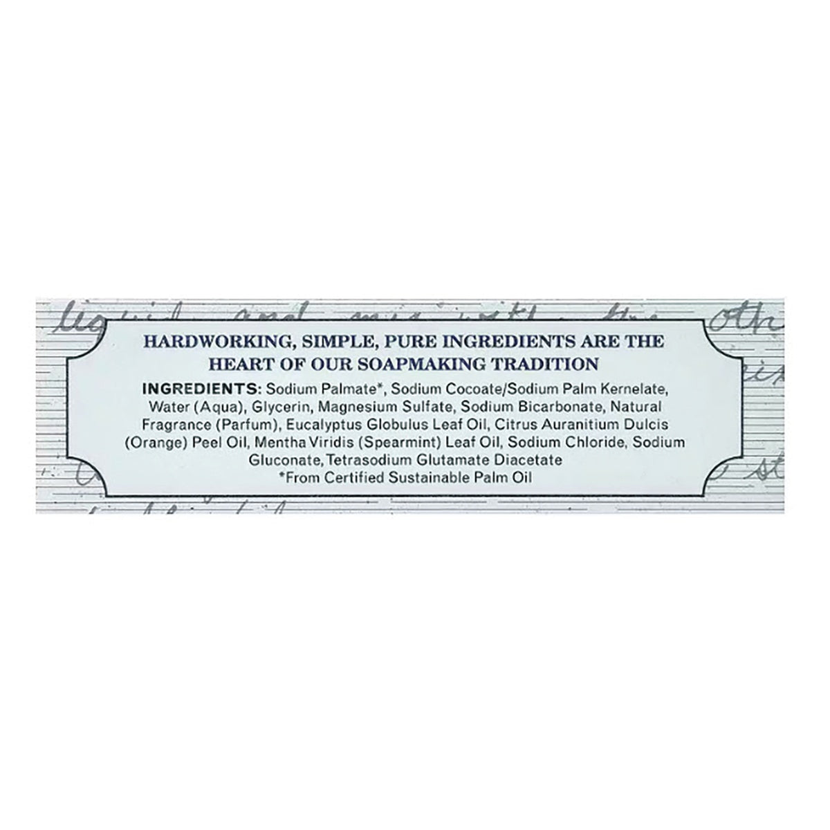 GP032 | back label with heading about pure ingredients and ingredient list including Sodium Palmate, glycerin, eucalyptus oil
