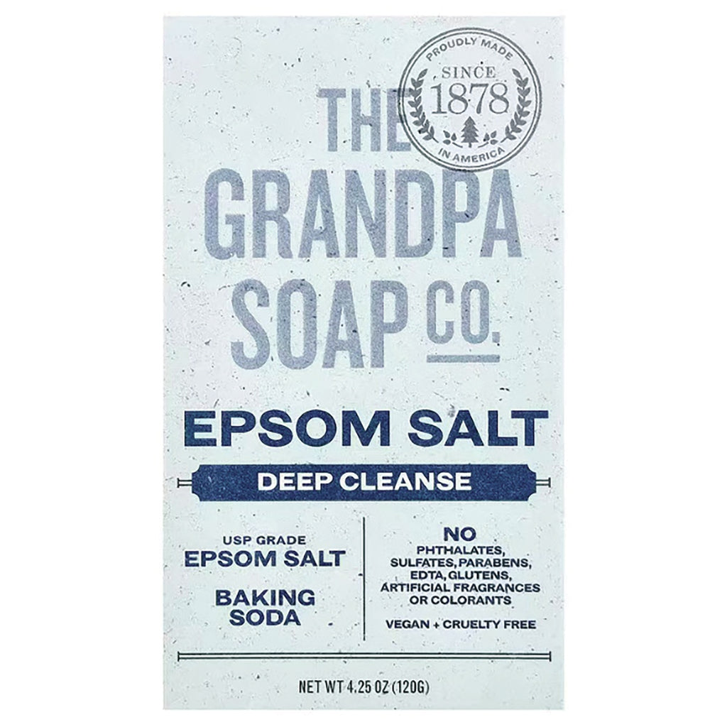 GP032 | Grandpa Soap Co. Epsom Salt deep cleanse front label showing USP grade Epsom salt, baking soda, vegan + cruelty free, net wt 4.25 oz - Thumbnail