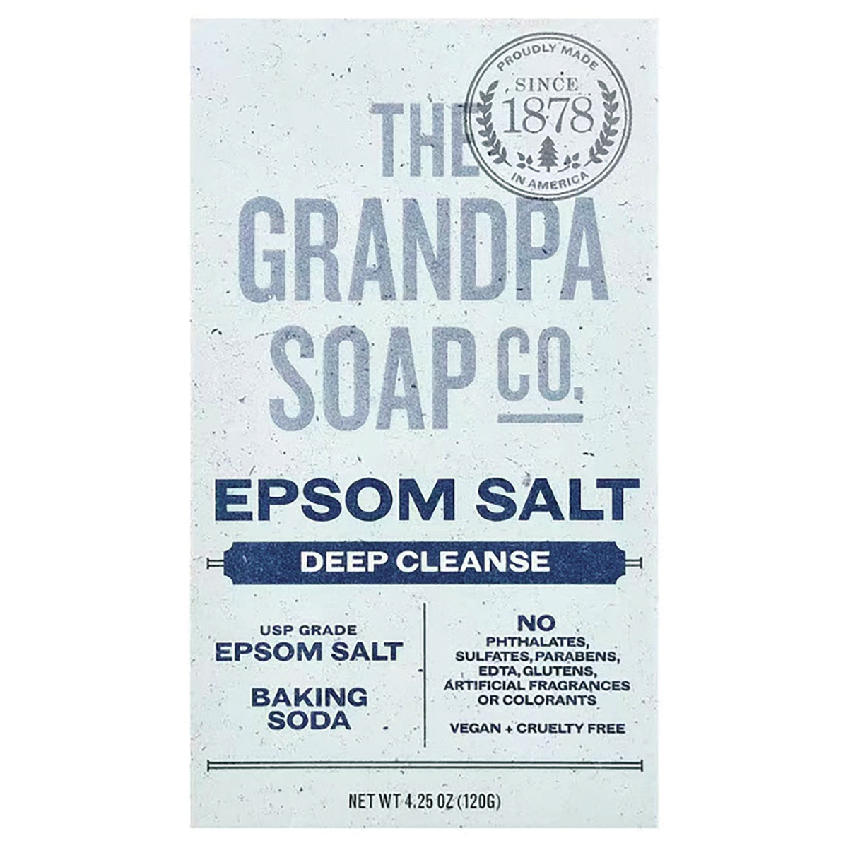 GP032 | Grandpa Soap Co. Epsom Salt deep cleanse front label showing USP grade Epsom salt, baking soda, vegan + cruelty free, net wt 4.25 oz