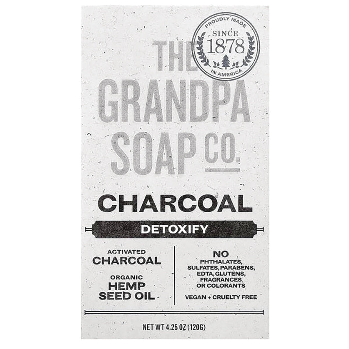 GP029 | The Grandpa Soap Co charcoal detoxify face and body bar with box and embossed charcoal soap bar