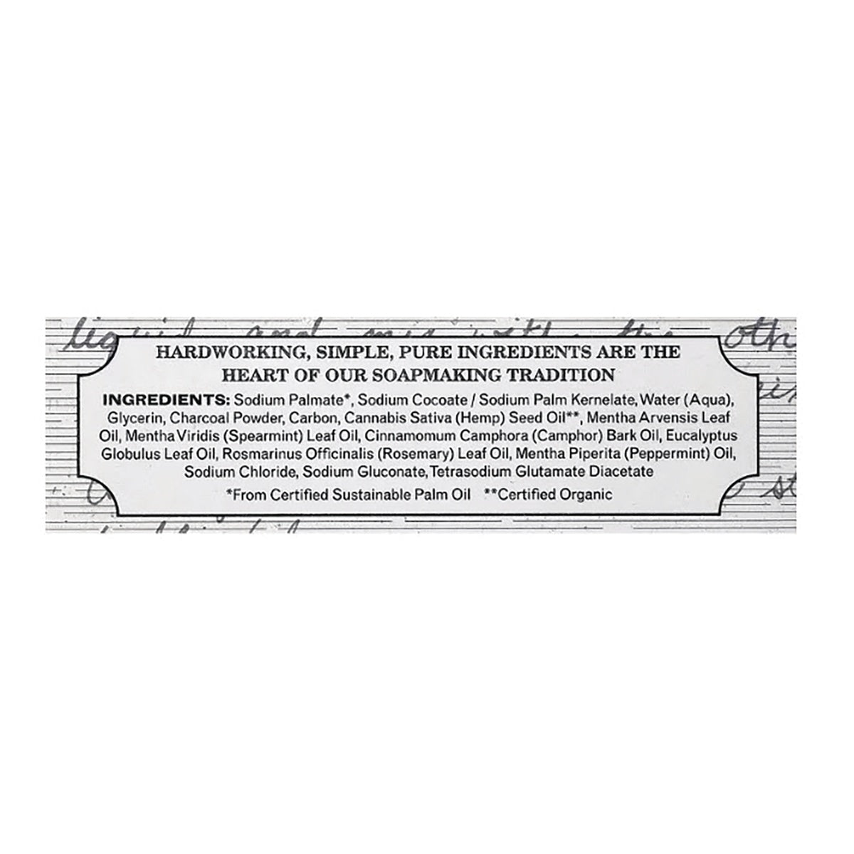 GP029 | Soap packaging ingredients panel with certified sustainable palm oil and certified organic notes