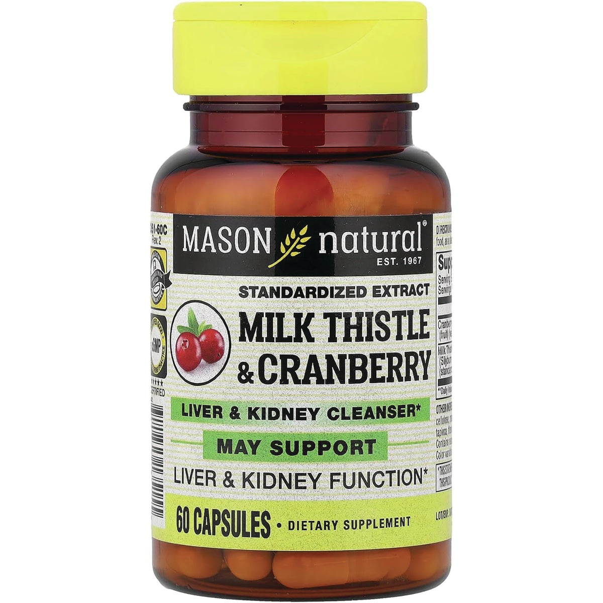 MSN058 | Mason Natural Milk Thistle/Cranberry dietary supplement bottle front, 60 capsules