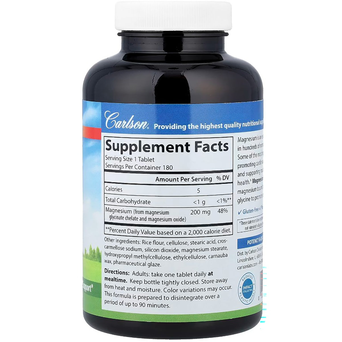 CSN314 | back label showing Supplement Facts panel listing Serving Size 1 Tablet, Magnesium 200 mg and other ingredients