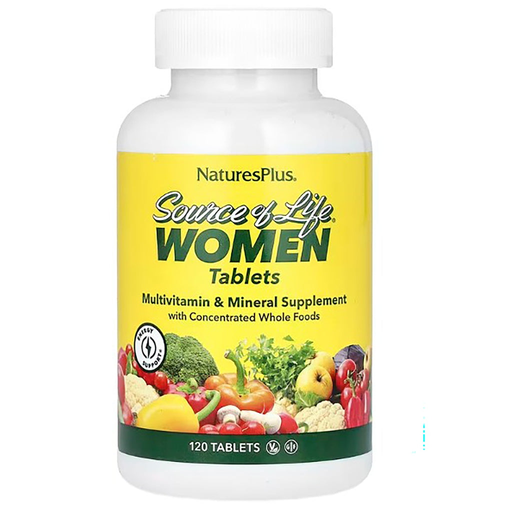 NTP249 | Natures Plus Source of Life women multivitamin bottle, 120 tablets, yellow label, gluten free - Thumbnail