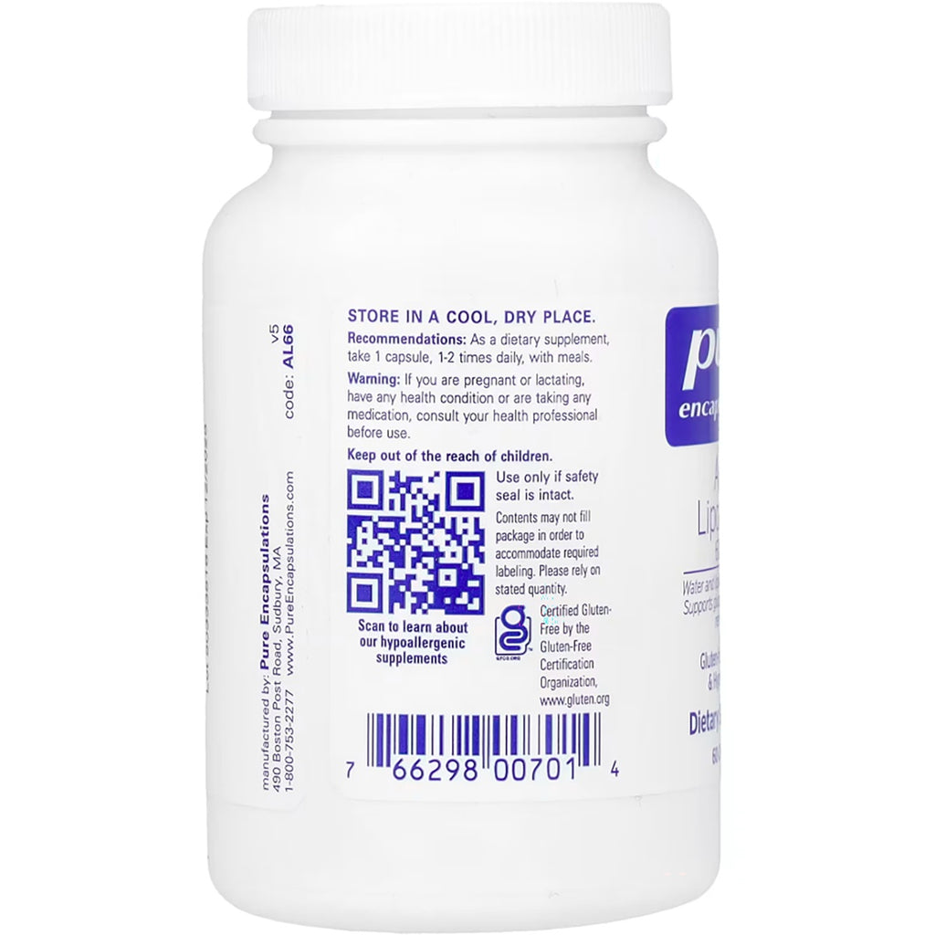 PRN115 | Back label of a Pure Encapsulations dietary supplement bottle with storage, warning, QR code, and barcode - Thumbnail