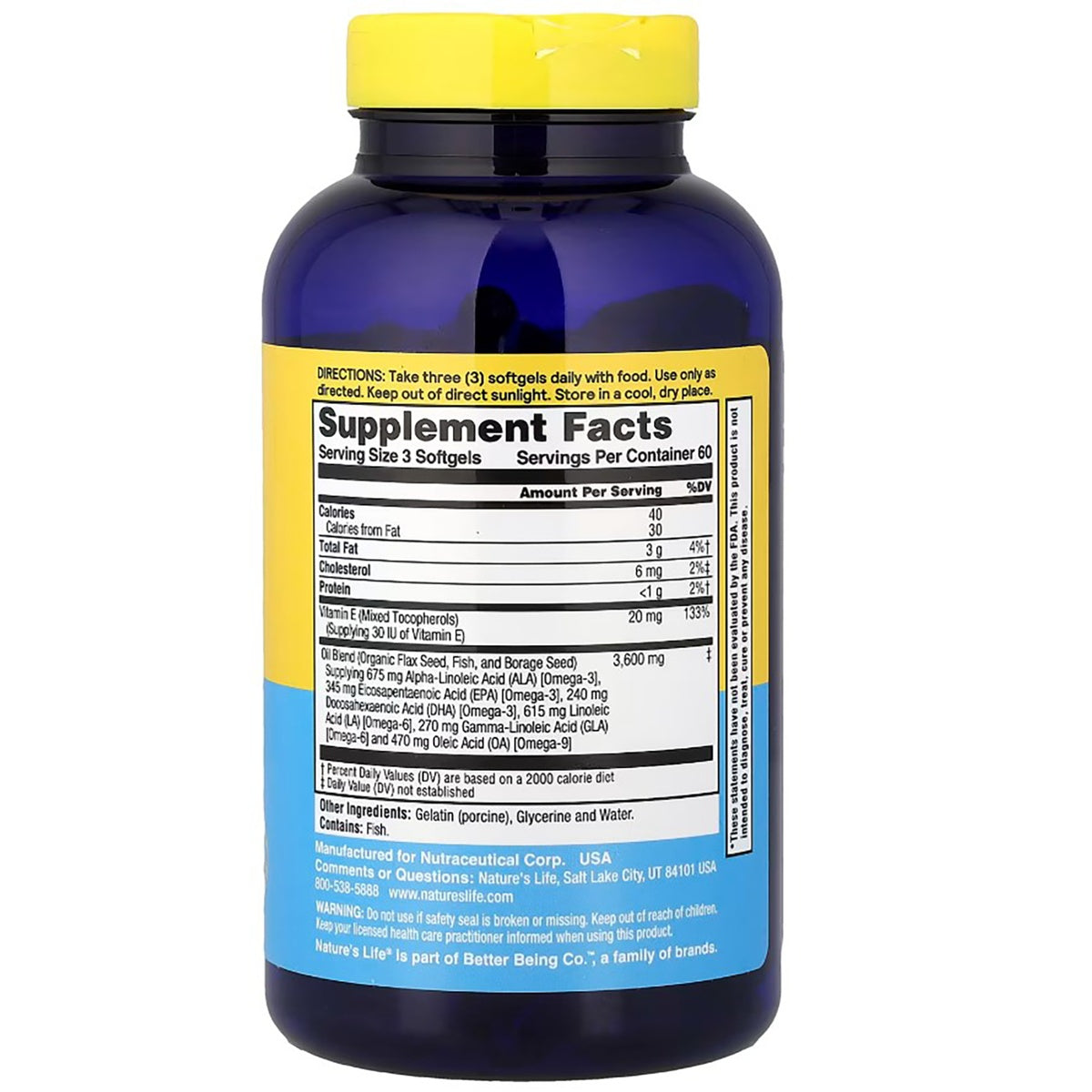 HS029 | back label of blue bottle showing supplement facts, nutrition panel and other ingredients for omega oil softgels