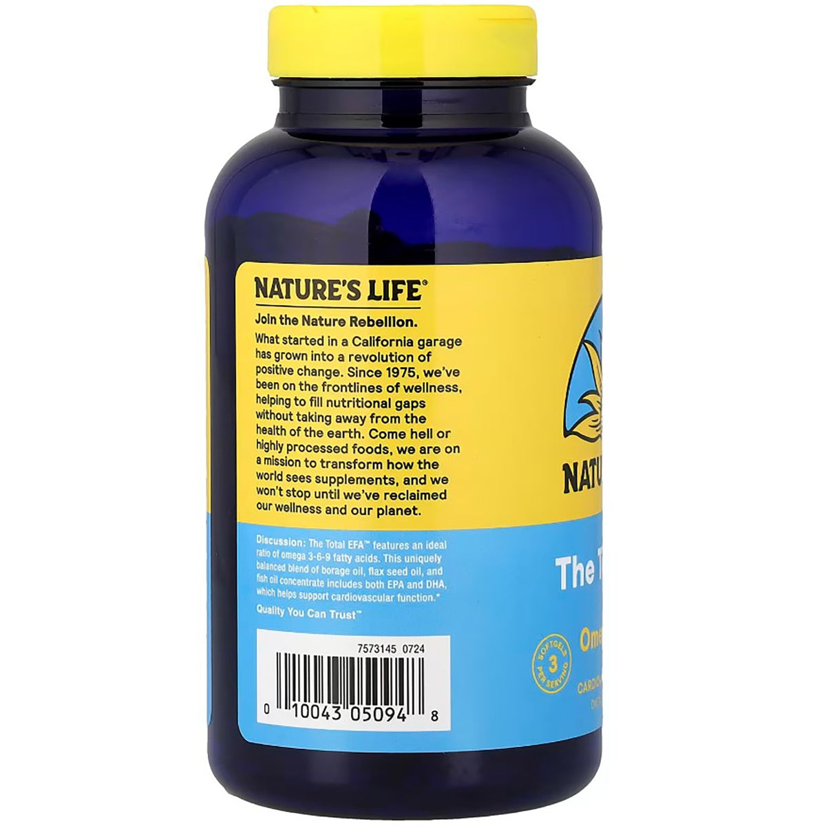 HS029 | back label showing Supplement Facts, directions, warning and nutrition panel on blue softgel bottle