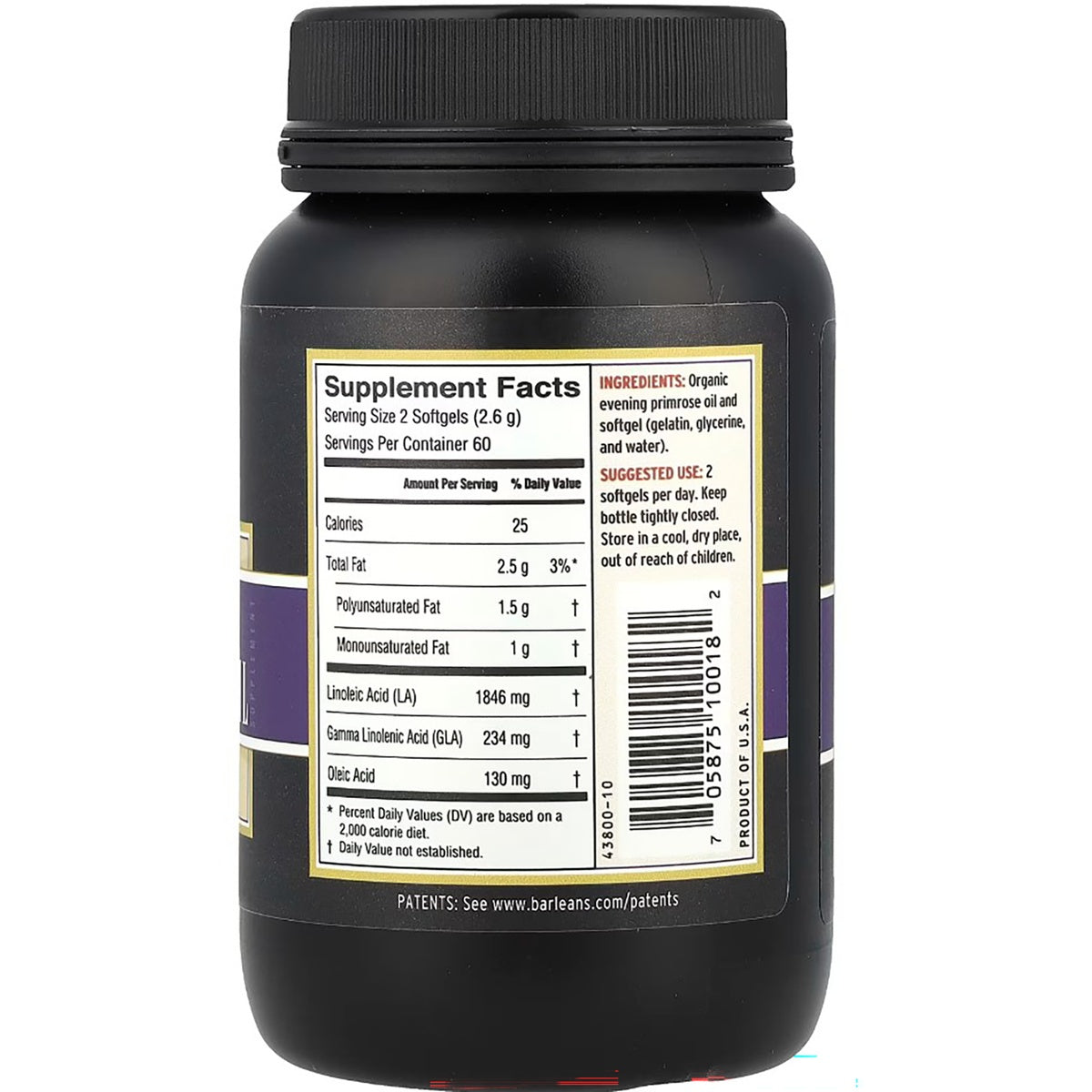 BAR044 | Back label of black supplement bottle with Supplement Facts, ingredients, and suggested use