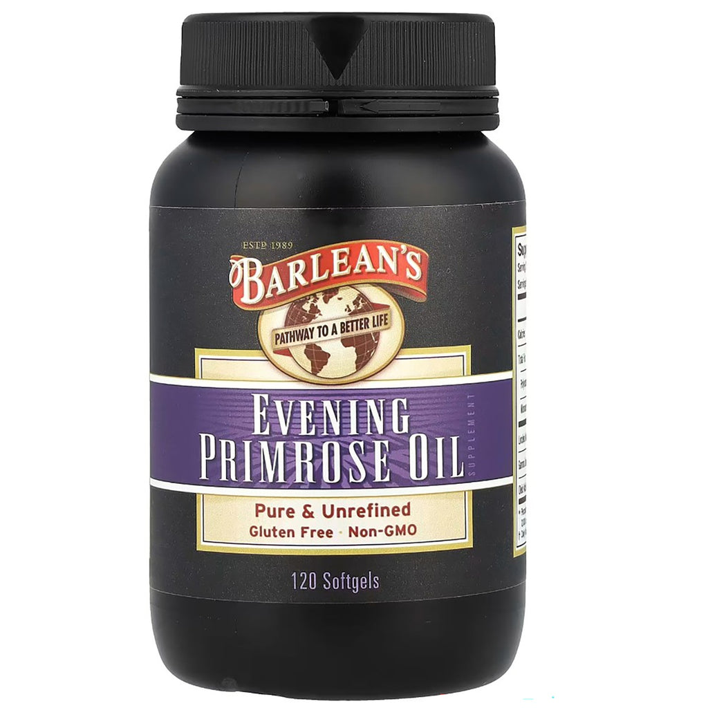 BAR044 | Barlean's Evening Primrose Oil bottle, 120 softgels, label reads Pure & Unrefined Gluten Free Non-GMO - Thumbnail
