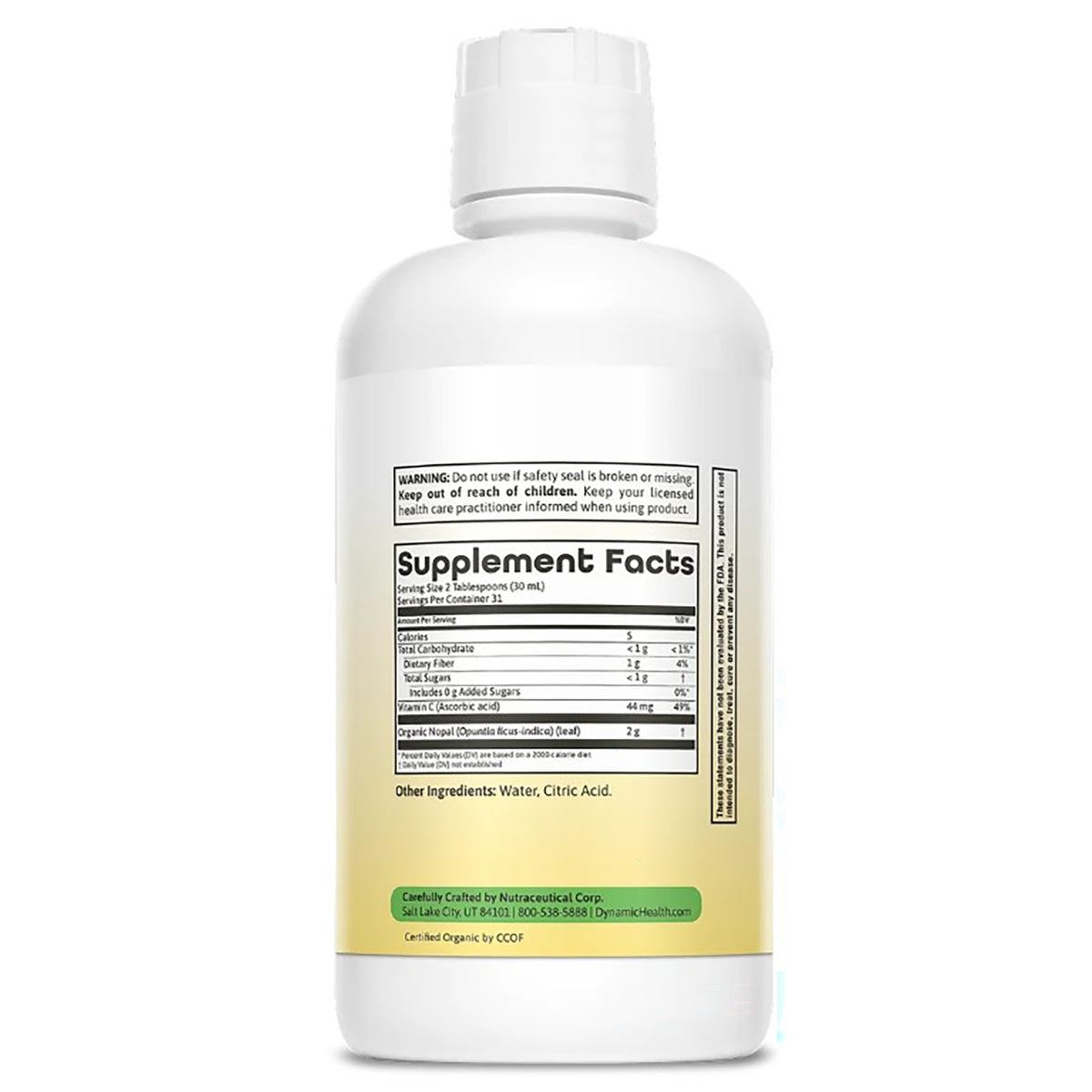 DYH027 | Back of supplement bottle showing Supplement Facts, warning text, ingredients, and Dynamic Health branding