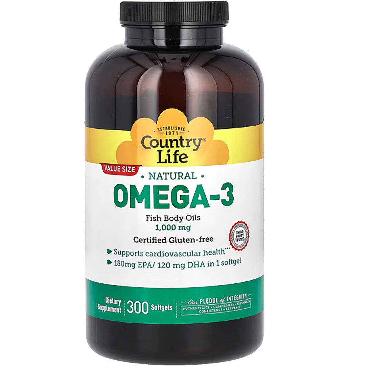 CRL395 | Country Life Omega-3 Fish Body Oils 1000 mg softgel bottle, label shows 180 mg EPA and 120 mg DHA, gluten-free