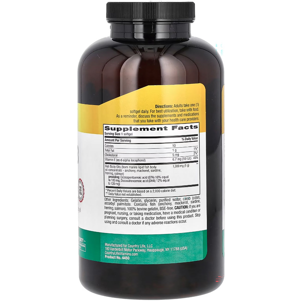 CRL395 | Back label of Country Life softgel supplement with Supplement Facts, directions, ingredients, and warnings