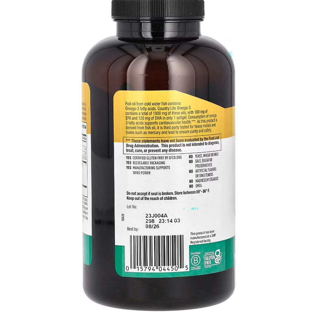 CRL395 | Back label of Country Life Omega-3 fish oil supplement with ingredients and warnings - Thumbnail