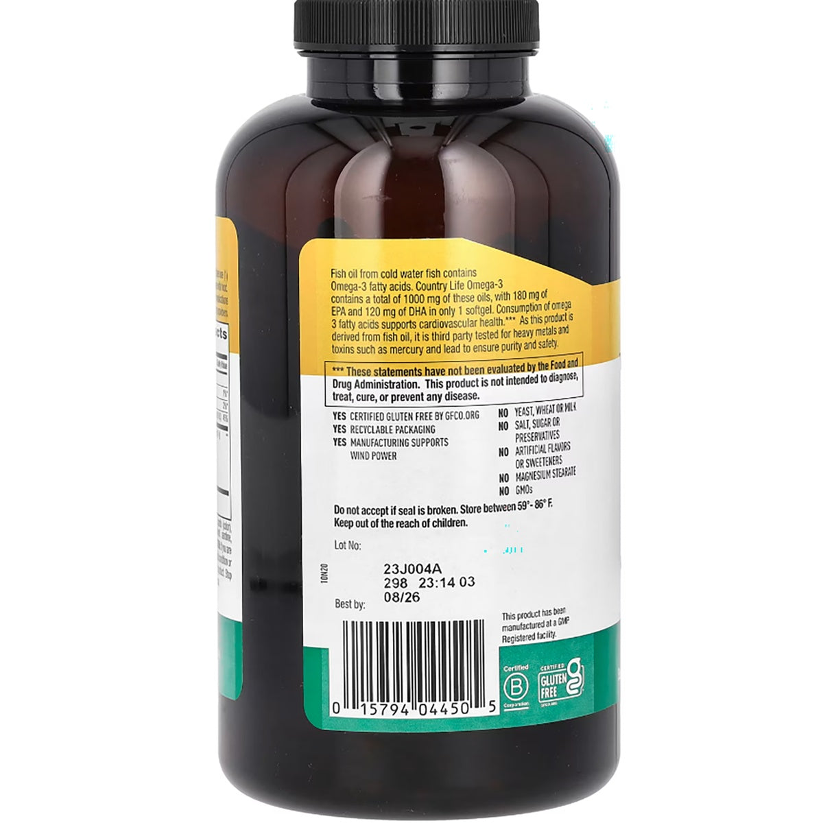 CRL395 | Back label of Country Life Omega-3 fish oil supplement with ingredients and warnings