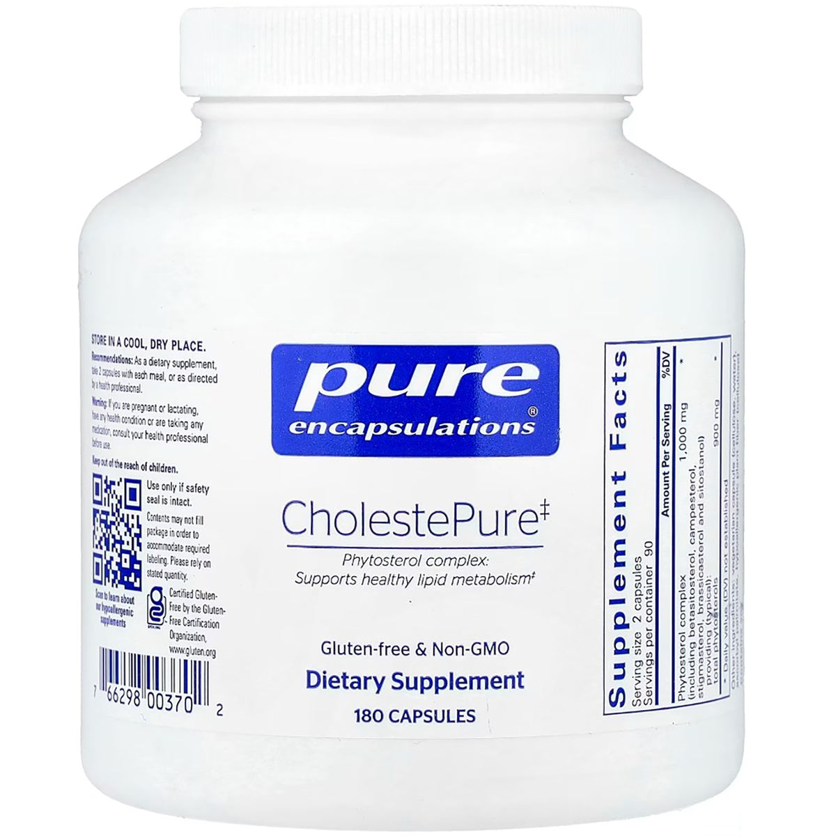 PRN165 | White jar of Pure Encapsulations CholestePure dietary supplement 180 capsules front view