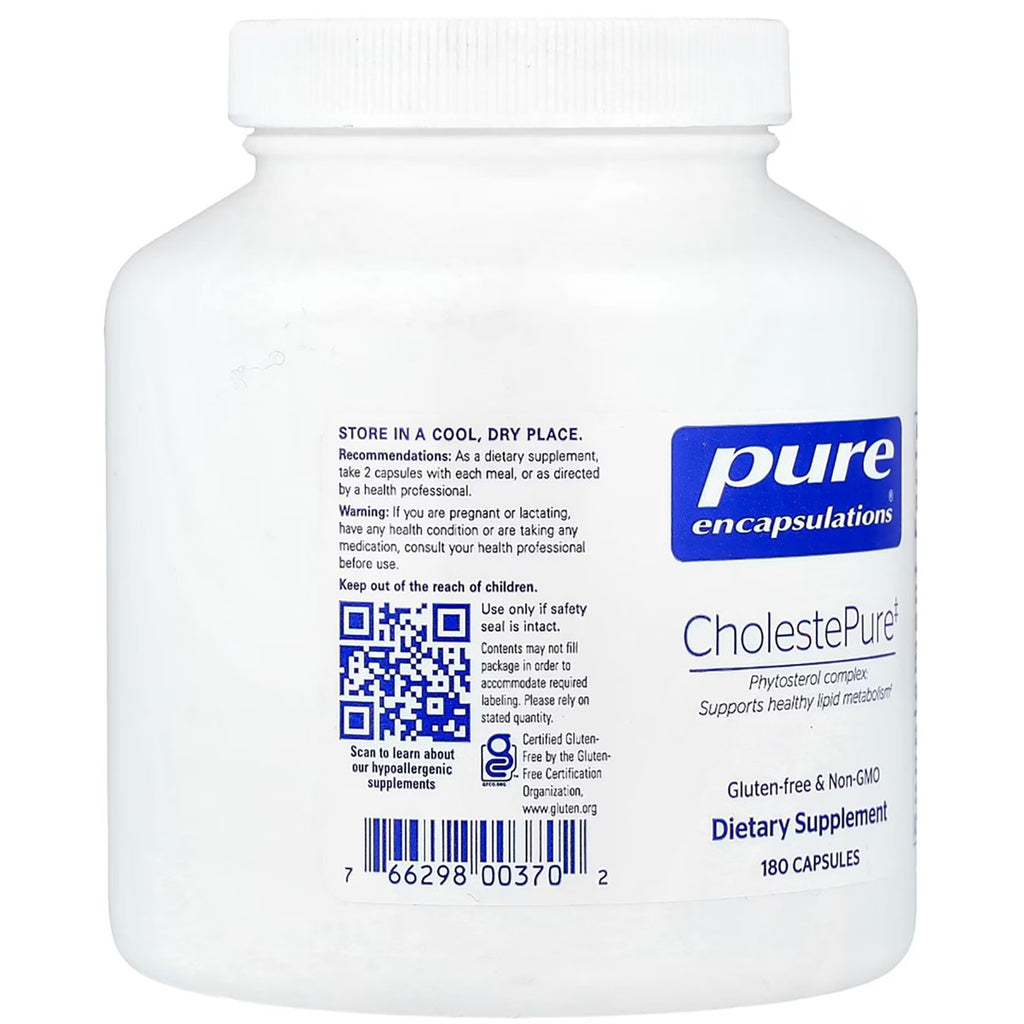PRN165 | Back label of Pure Encapsulations CholestePure dietary supplement bottle with warnings and barcode - Thumbnail