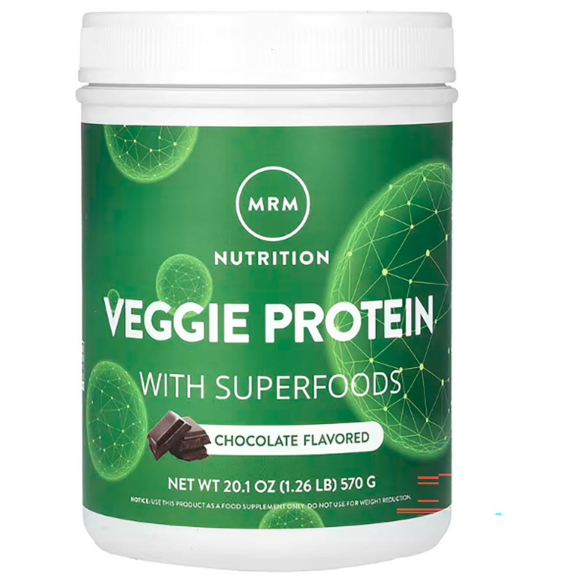 MRM016 | Green MRM Nutrition Veggie Protein container, chocolate flavor, front label showing VEGGIE PROTEIN with SUPERFOODS