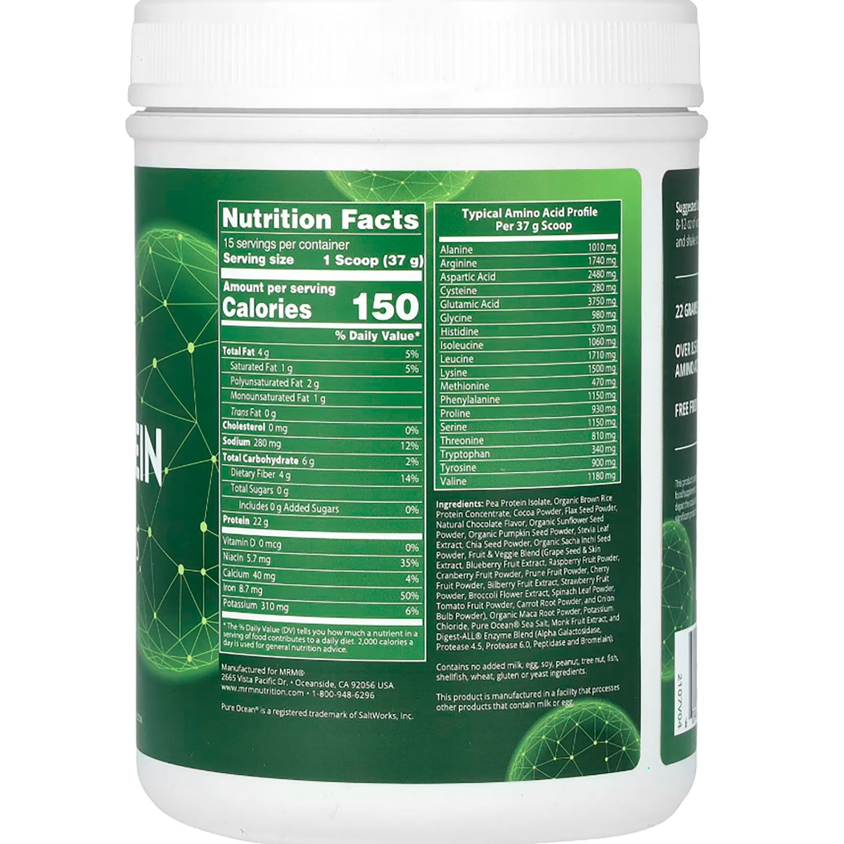 MRM016 | Back label of protein powder showing nutrition facts, amino acid profile, ingredients, and warnings