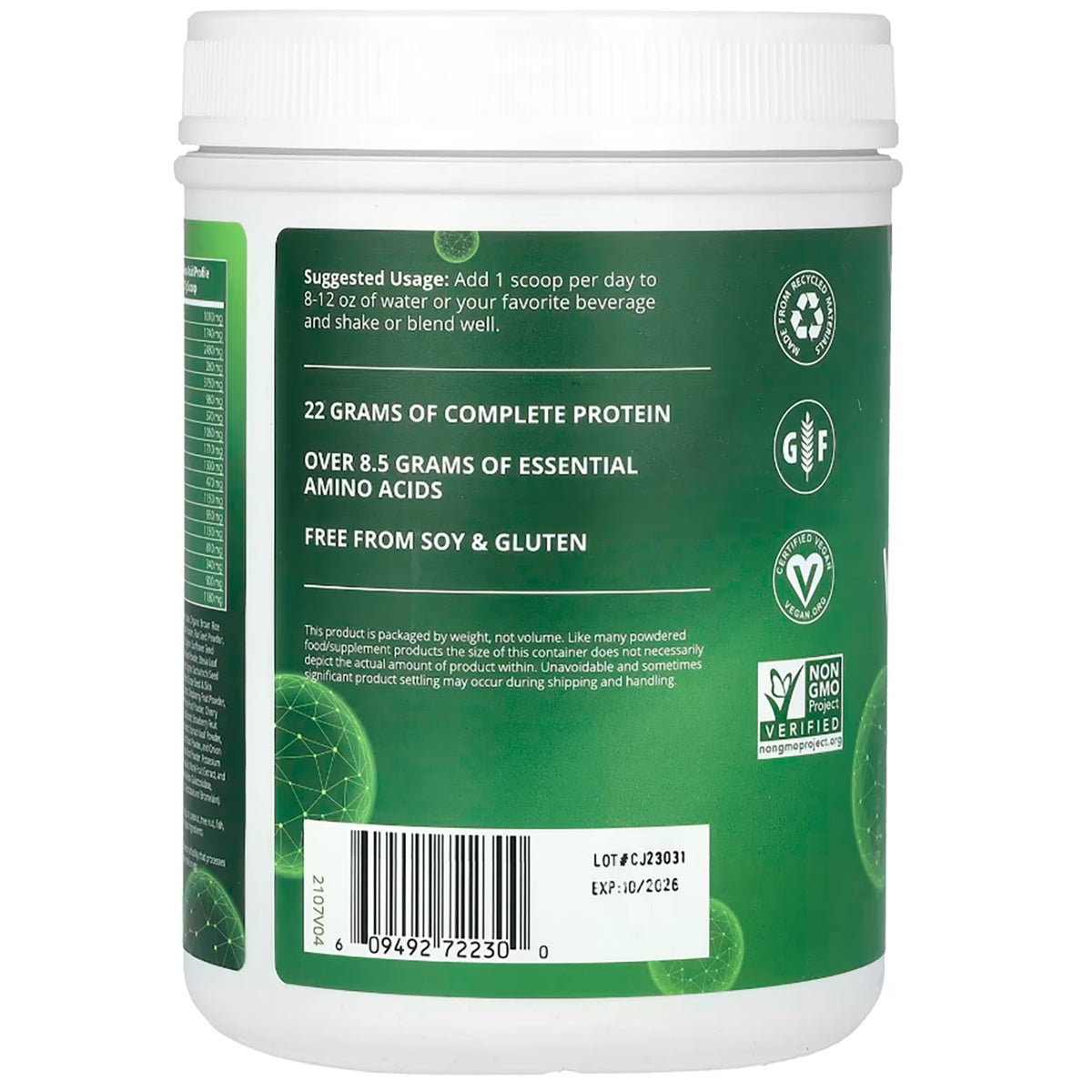 MRM016 | Back label of protein powder container with usage directions, protein claims, certifications, and barcode