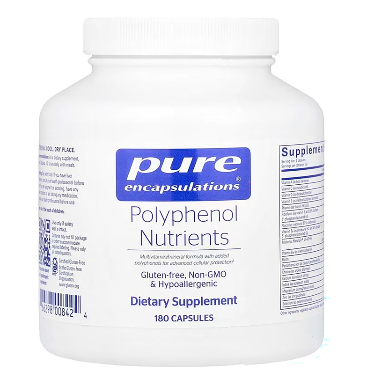 PRN051 | Pure Encapsulations Polyphenol Nutrients white supplement bottle front label, 180 capsules
