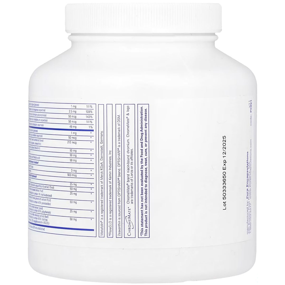 PRN051 | White supplement bottle showing the back label with ingredients, warnings, and lot and expiration date