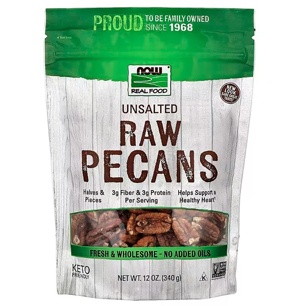 NWF1179 | NOW Real Food raw unsalted pecans bag, 12 oz, halves and pieces, Always Non-GMO - Thumbnail