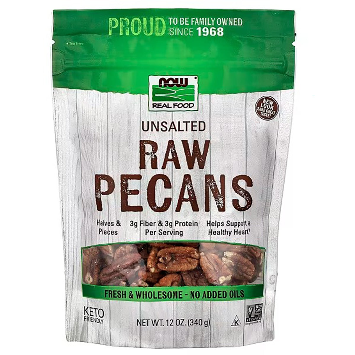 NWF1179 | NOW Real Food raw unsalted pecans bag, 12 oz, halves and pieces, Always Non-GMO