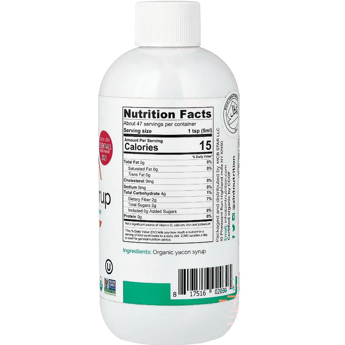 ZIN017 | Organic yacon syrup bottle with nutrition facts and ingredients label