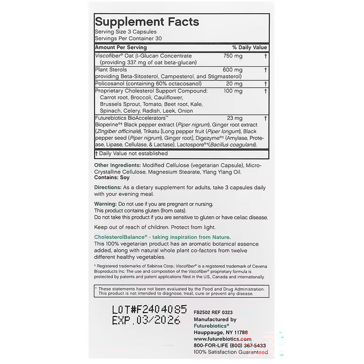 FB028 | Supplement Facts panel with ingredients, directions, warnings, lot number, and expiration date