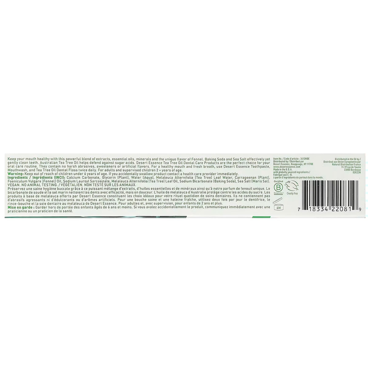 DST050 | Back panel with ingredients, warnings, certifications, and barcode for Desert Essence toothpaste