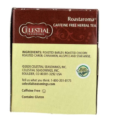 CEL007 | Back of Roastaroma caffeine free herbal tea box with ingredients and contact details
