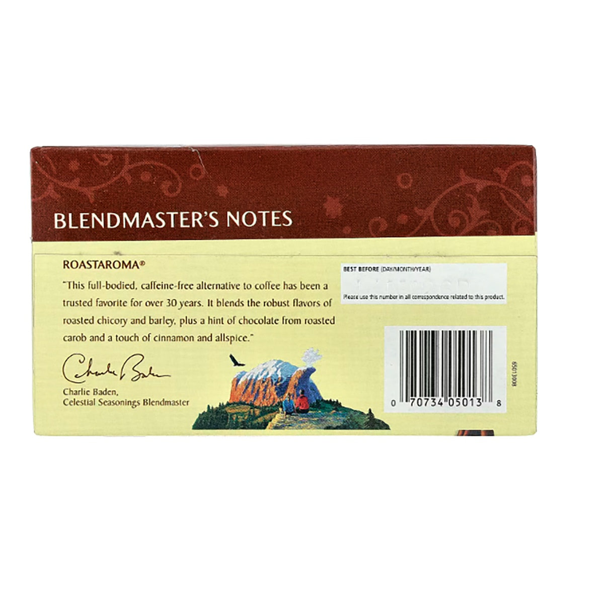 CEL007 | Back panel of Celestial Seasonings Roastaroma with blendmaster notes, best before box, and barcode
