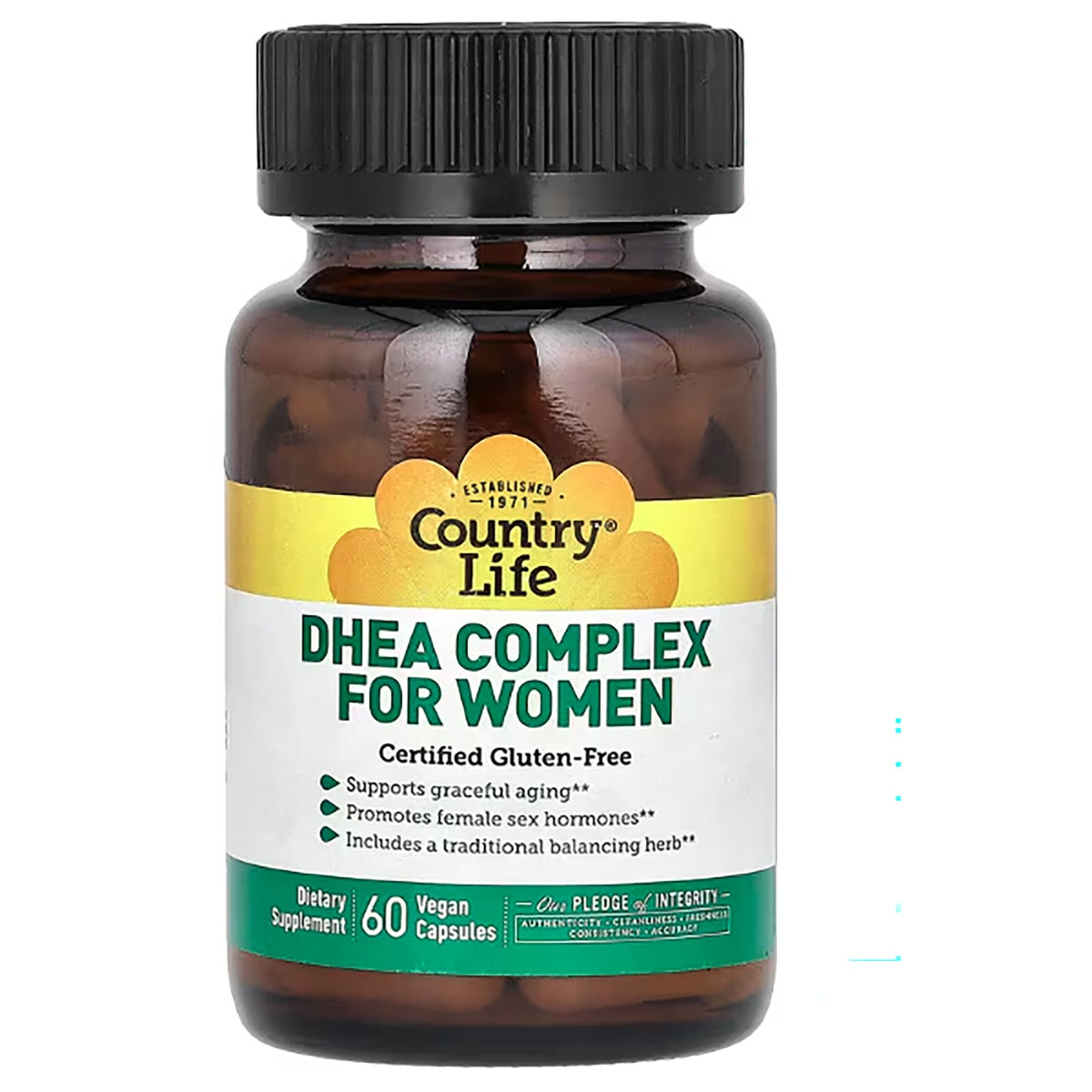 CRL564 | Amber bottle labeled Country Life DHEA COMPLEX FOR WOMEN, certified gluten-free, 60 vegan capsules