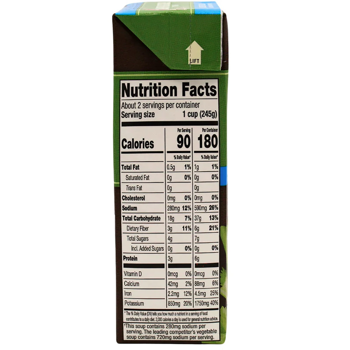 DMD014 | Back of soup carton showing Nutrition Facts and sodium comparison