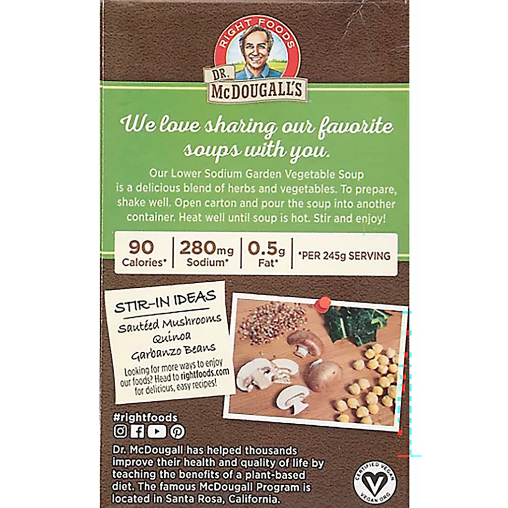 DMD014 | Dr. McDougall's Lower Sodium Garden Vegetable Soup carton back with serving facts and stir-in ideas - Thumbnail